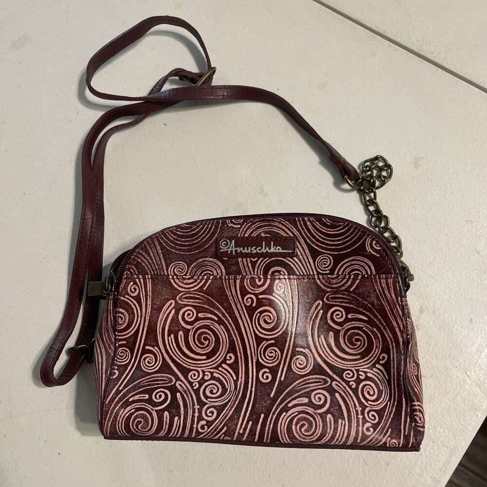 Anuschka Leather Twin-Top Wallet/Crossbody Purse Tooled Wave
